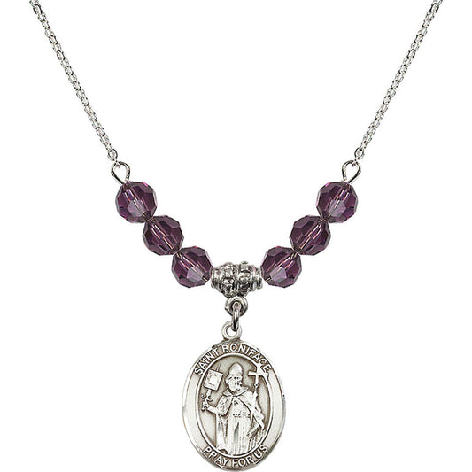 Sterling Silver Saint Boniface Birthstone Necklace with Amethyst Beads - 8009