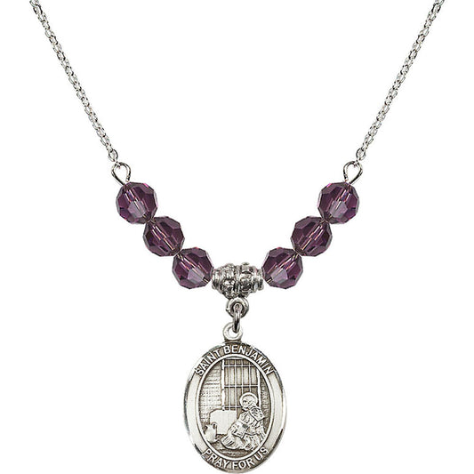 Sterling Silver Saint Benjamin Birthstone Necklace with Amethyst Beads - 8013