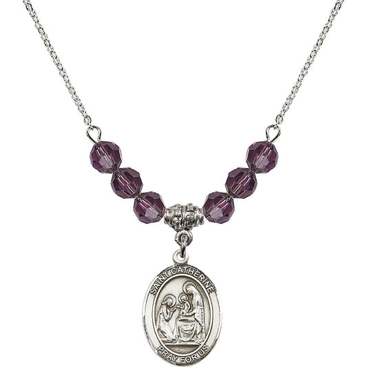 Sterling Silver Saint Catherine of Siena Birthstone Necklace with Amethyst Beads - 8014
