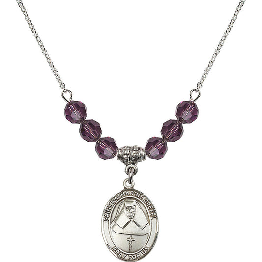 Sterling Silver Saint Katharine Drexel Birthstone Necklace with Amethyst Beads - 8015