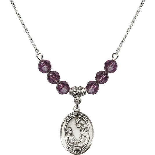 Sterling Silver Saint Cecilia Birthstone Necklace with Amethyst Beads - 8016