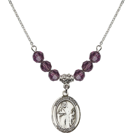 Sterling Silver Saint Brendan the Navigator Birthstone Necklace with Amethyst Beads - 8018