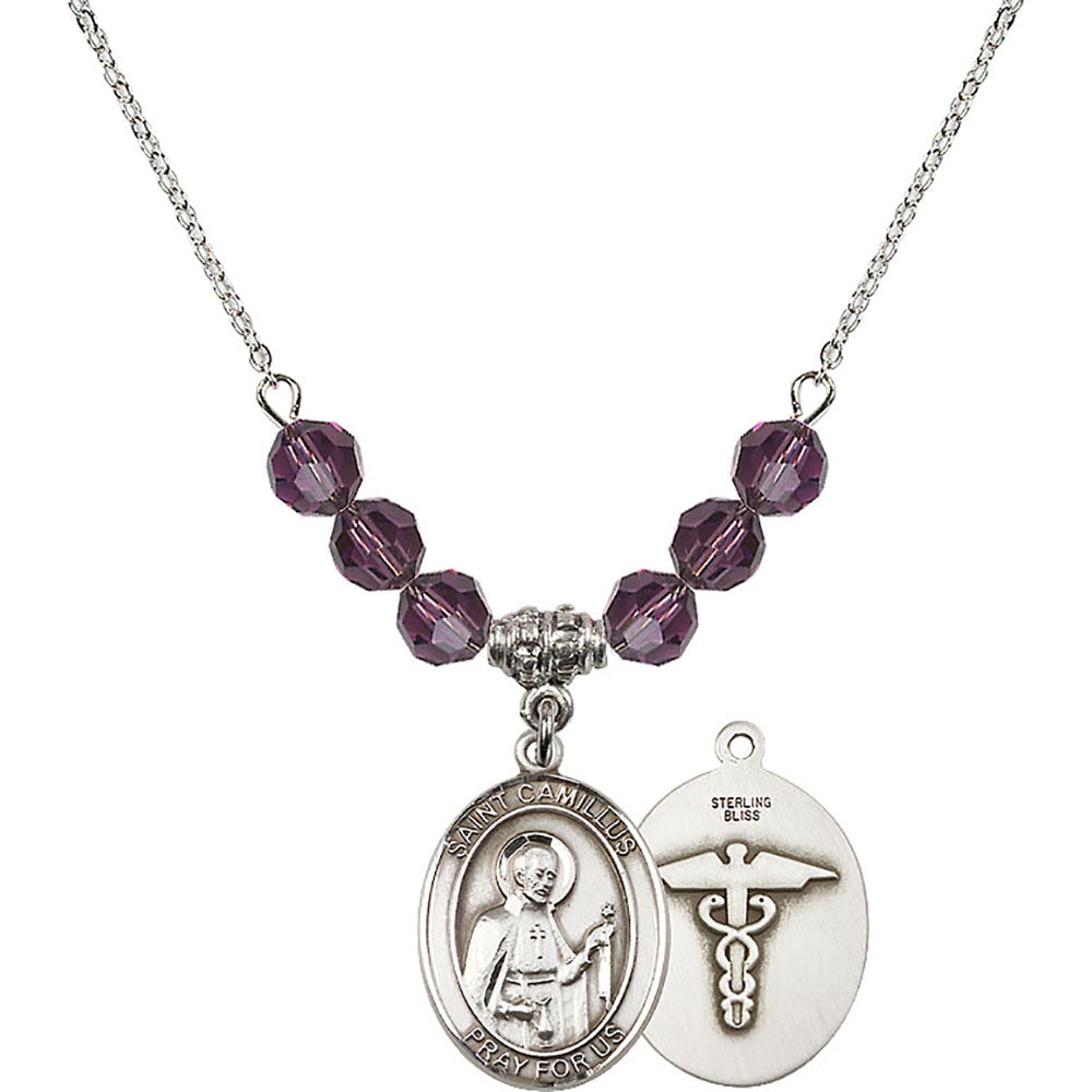 Sterling Silver Saint Camillus of Lellis / Nurse Birthstone Necklace with Amethyst Beads - 8019