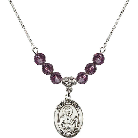 Sterling Silver Saint Camillus of Lellis Birthstone Necklace with Amethyst Beads - 8019