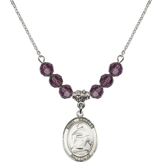 Sterling Silver Saint Charles Borromeo Birthstone Necklace with Amethyst Beads - 8020