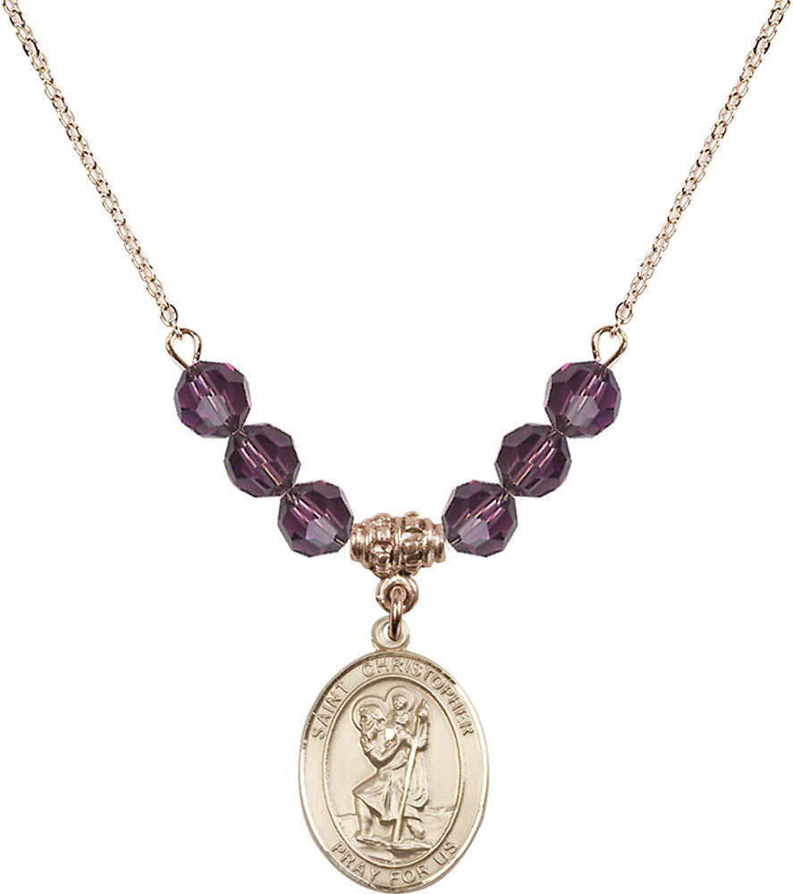 14kt Gold Filled Saint Christopher Birthstone Necklace with Amethyst Beads - 8022