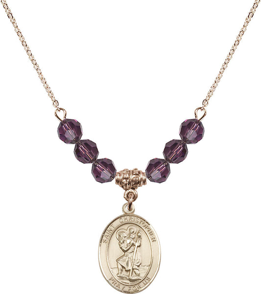 14kt Gold Filled Saint Christopher Birthstone Necklace with Amethyst Beads - 8022