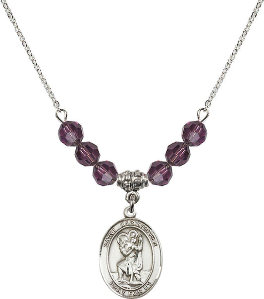 Sterling Silver Saint Christopher Birthstone Necklace with Amethyst Beads - 8022