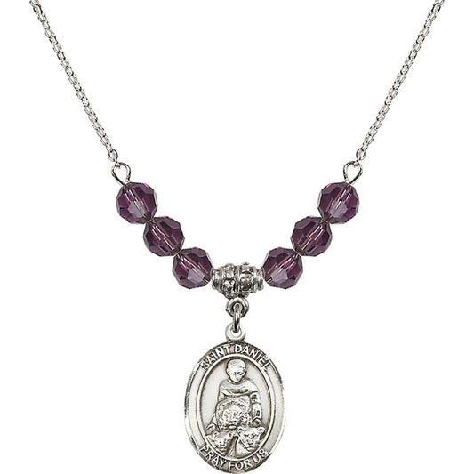 Sterling Silver Saint Daniel Birthstone Necklace with Amethyst Beads - 8024