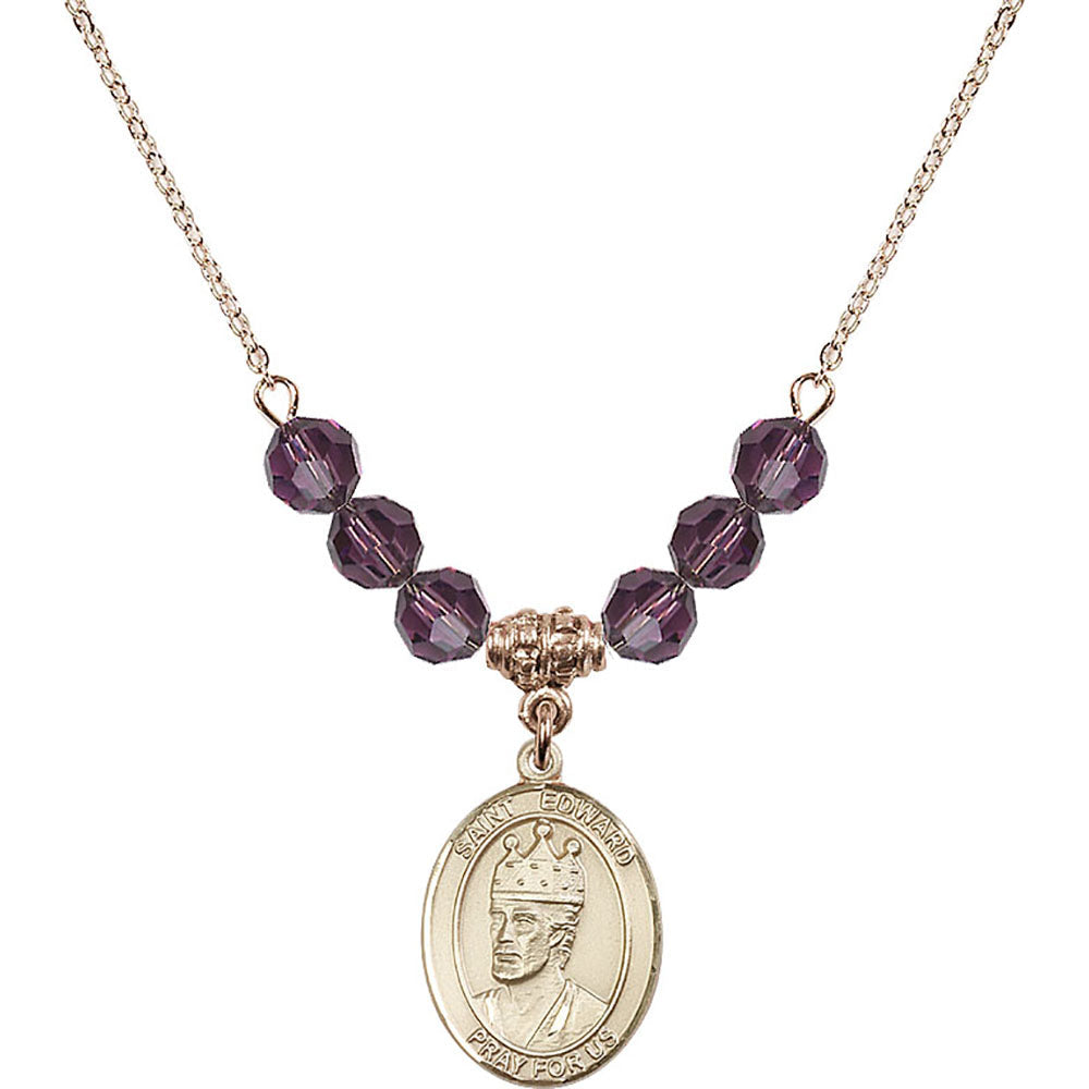 14kt Gold Filled Saint Edward the Confessor Birthstone Necklace with Amethyst Beads - 8026