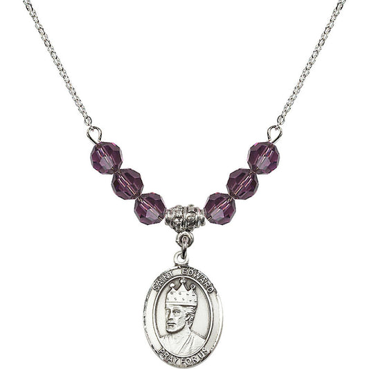 Sterling Silver Saint Edward the Confessor Birthstone Necklace with Amethyst Beads - 8026