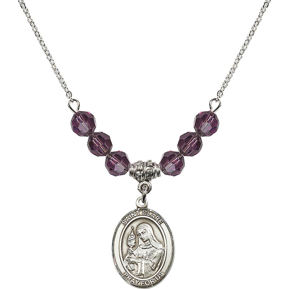 Sterling Silver Saint Clare of Assisi Birthstone Necklace with Amethyst Beads - 8028