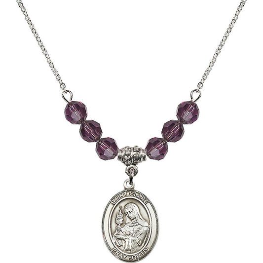 Sterling Silver Saint Clare of Assisi Birthstone Necklace with Amethyst Beads - 8028