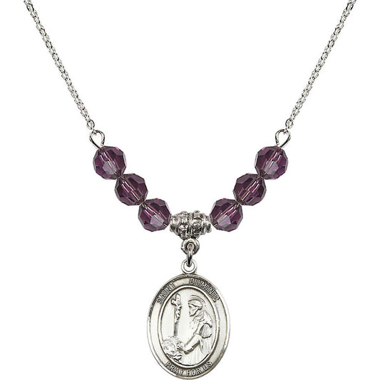 Sterling Silver Saint Dominic de Guzman Birthstone Necklace with Amethyst Beads - 8030