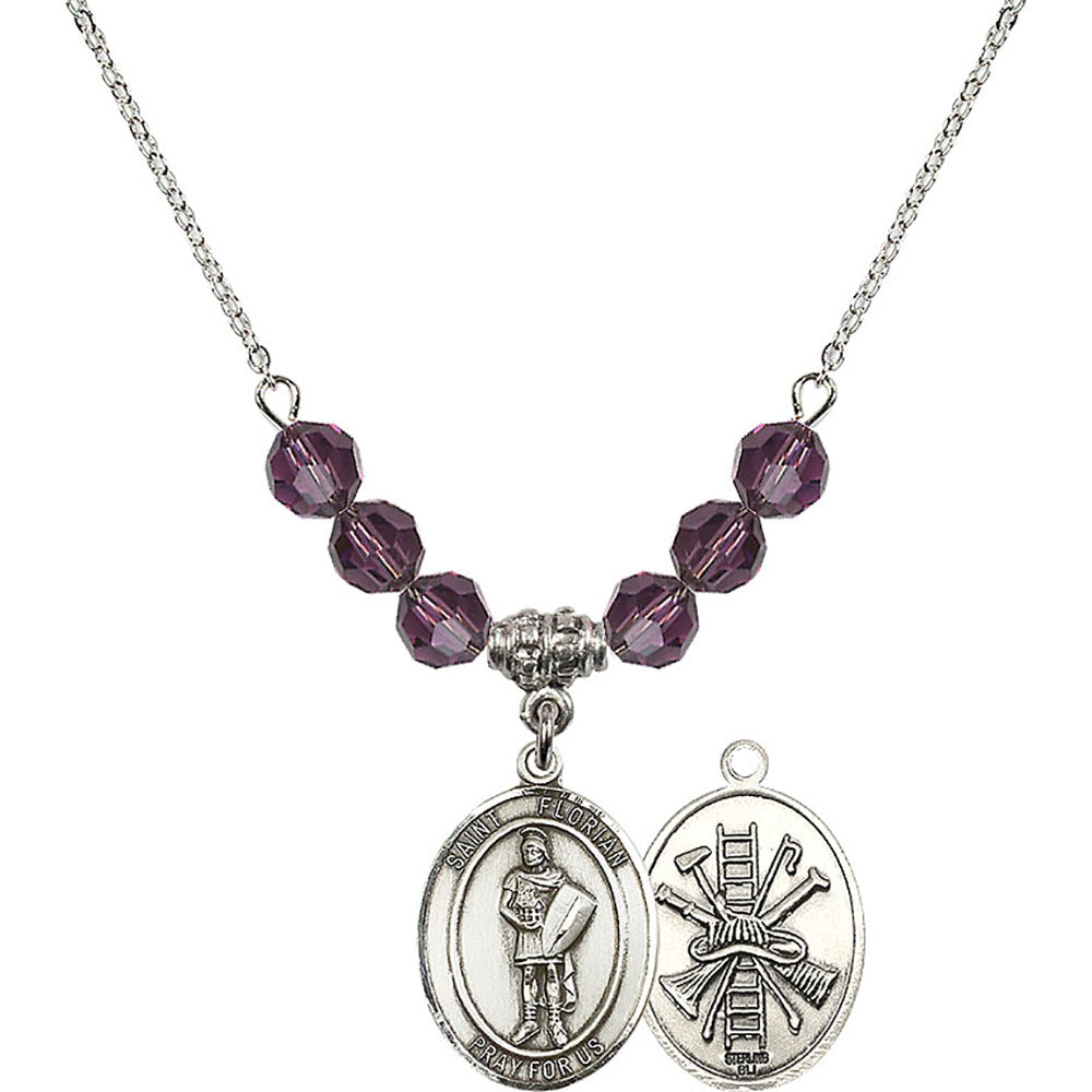 Sterling Silver Saint Florian/Firefighter Birthstone Necklace with Amethyst Beads - 8034