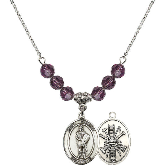 Sterling Silver Saint Florian/Firefighter Birthstone Necklace with Amethyst Beads - 8034