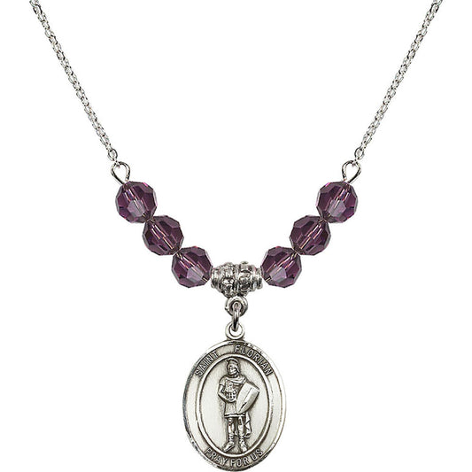 Sterling Silver Saint Florian Birthstone Necklace with Amethyst Beads - 8034