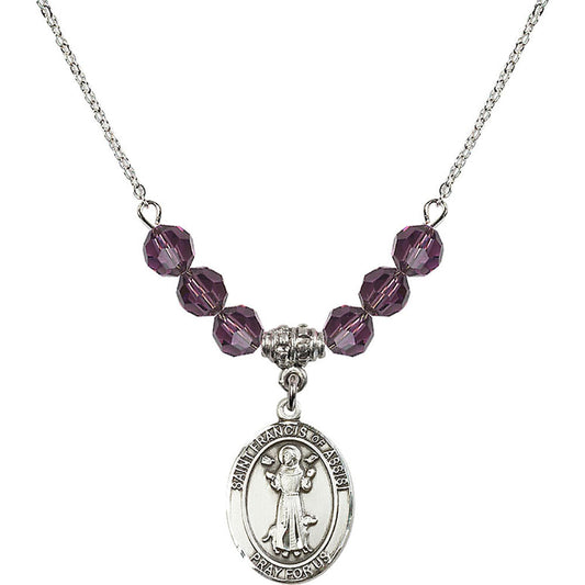 Sterling Silver Saint Francis of Assisi Birthstone Necklace with Amethyst Beads - 8036