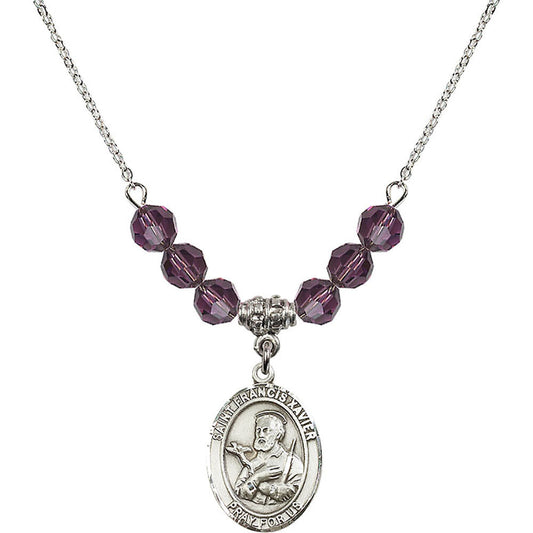 Sterling Silver Saint Francis Xavier Birthstone Necklace with Amethyst Beads - 8037