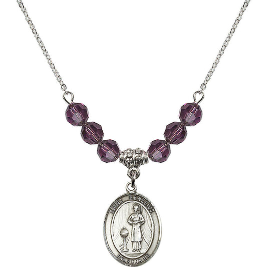 Sterling Silver Saint Genesius of Rome Birthstone Necklace with Amethyst Beads - 8038