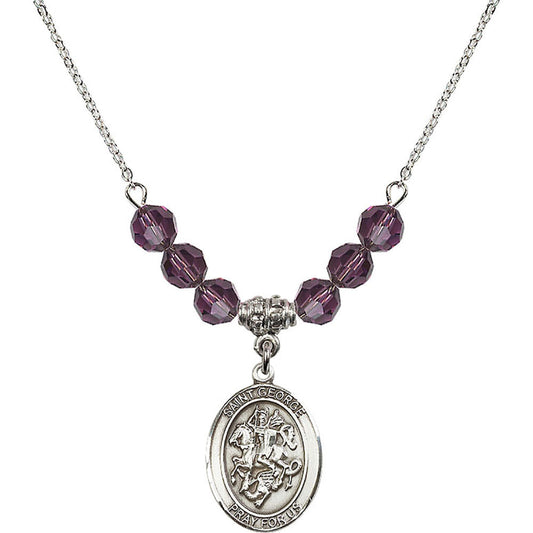 Sterling Silver Saint George Birthstone Necklace with Amethyst Beads - 8040