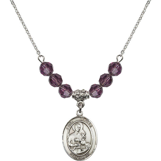 Sterling Silver Saint Gerard Majella Birthstone Necklace with Amethyst Beads - 8042