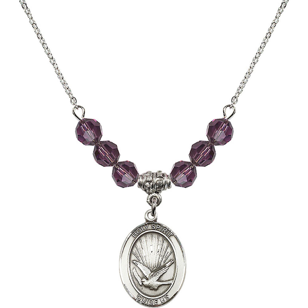 Sterling Silver Holy Spirit Birthstone Necklace with Amethyst Beads - 8044
