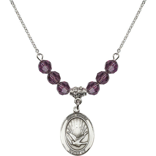 Sterling Silver Holy Spirit Birthstone Necklace with Amethyst Beads - 8044