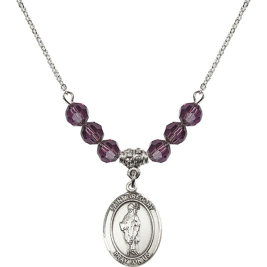 Sterling Silver Saint Gregory the Great Birthstone Necklace with Amethyst Beads - 8048
