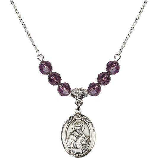 Sterling Silver Saint Isidore of Seville Birthstone Necklace with Amethyst Beads - 8049