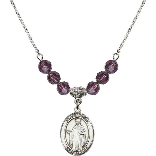 Sterling Silver Saint Justin Birthstone Necklace with Amethyst Beads - 8052