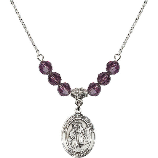Sterling Silver Saint John the Baptist Birthstone Necklace with Amethyst Beads - 8054