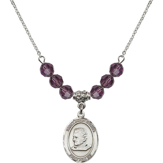 Sterling Silver Saint John Bosco Birthstone Necklace with Amethyst Beads - 8055