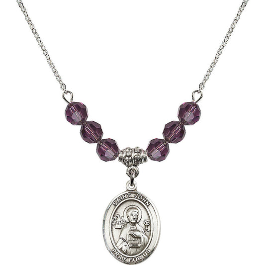Sterling Silver Saint John the Apostle Birthstone Necklace with Amethyst Beads - 8056