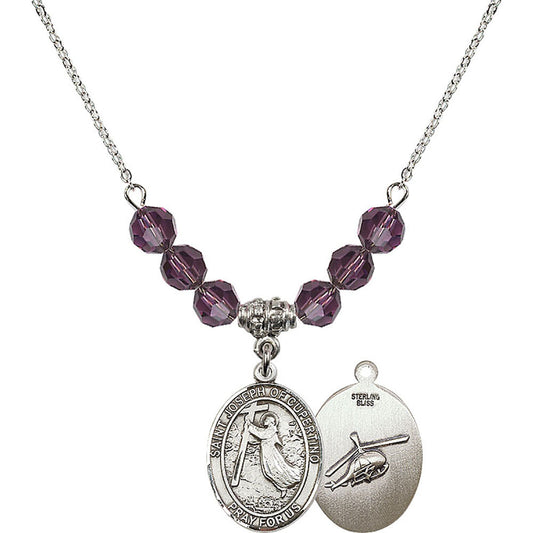 Sterling Silver Saint Joseph of Cupertino/Helecopter Birthstone Necklace with Amethyst Beads - 8057
