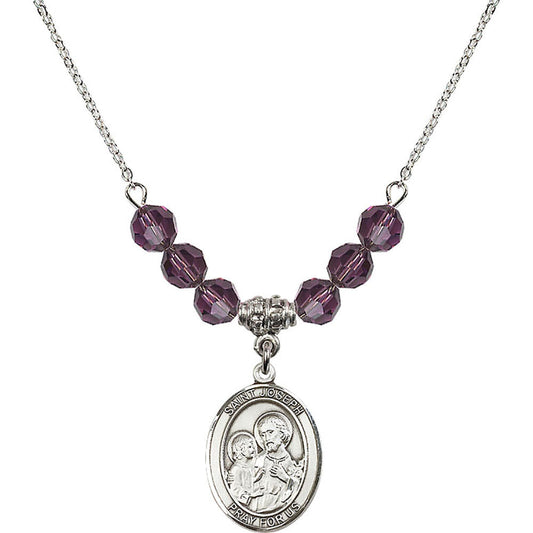 Sterling Silver Saint Joseph Birthstone Necklace with Amethyst Beads - 8058
