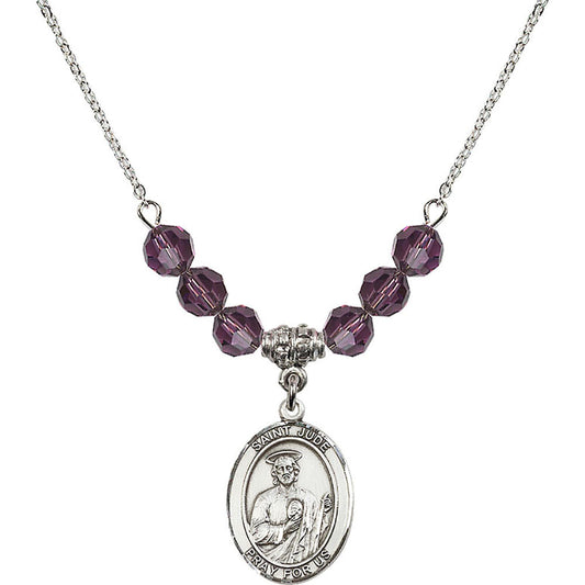 Sterling Silver Saint Jude Thaddeus Birthstone Necklace with Amethyst Beads - 8060