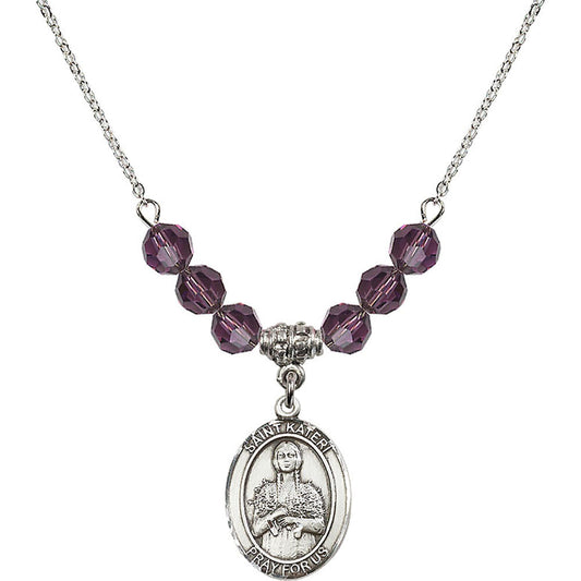 Sterling Silver Saint Kateri Tekakwitha Birthstone Necklace with Amethyst Beads - 8061