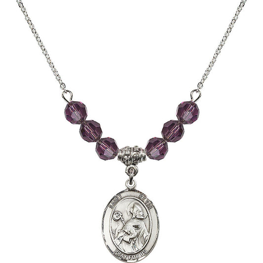Sterling Silver Saint Kevin Birthstone Necklace with Amethyst Beads - 8062