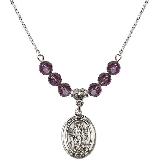 Sterling Silver Saint Lazarus Birthstone Necklace with Amethyst Beads - 8066