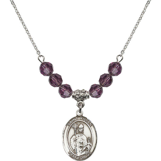 Sterling Silver Saint Kilian Birthstone Necklace with Amethyst Beads - 8067
