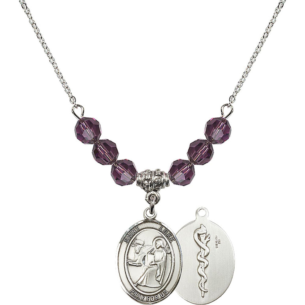 Sterling Silver Saint Luke the Apostle / Doctor Birthstone Necklace with Amethyst Beads - 8068