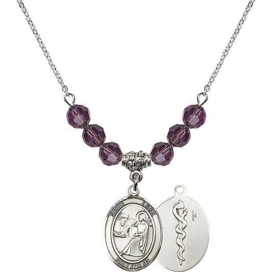 Sterling Silver Saint Luke the Apostle / Doctor Birthstone Necklace with Amethyst Beads - 8068