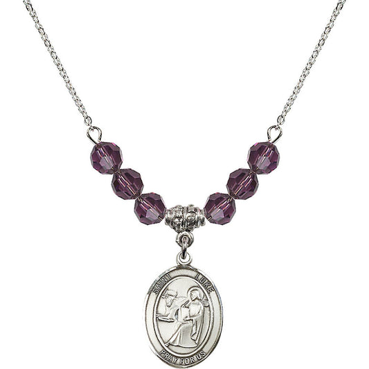 Sterling Silver Saint Luke the Apostle Birthstone Necklace with Amethyst Beads - 8068