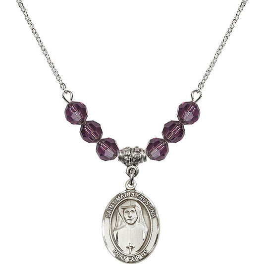 Sterling Silver Saint Maria Faustina Birthstone Necklace with Amethyst Beads - 8069