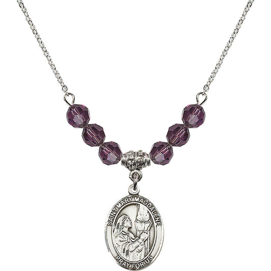 Sterling Silver Saint Mary Magdalene Birthstone Necklace with Amethyst Beads - 8071