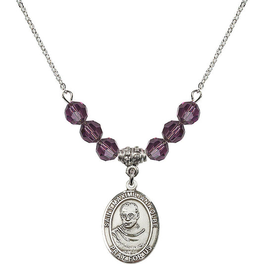 Sterling Silver Saint Maximilian Kolbe Birthstone Necklace with Amethyst Beads - 8073