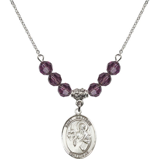 Sterling Silver Saint Matthew the Apostle Birthstone Necklace with Amethyst Beads - 8074