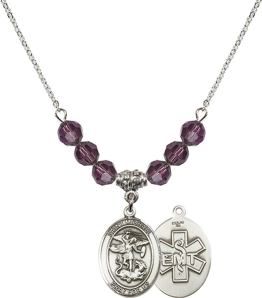 Sterling Silver Saint Michael / EMT Birthstone Necklace with Amethyst Beads - 8076