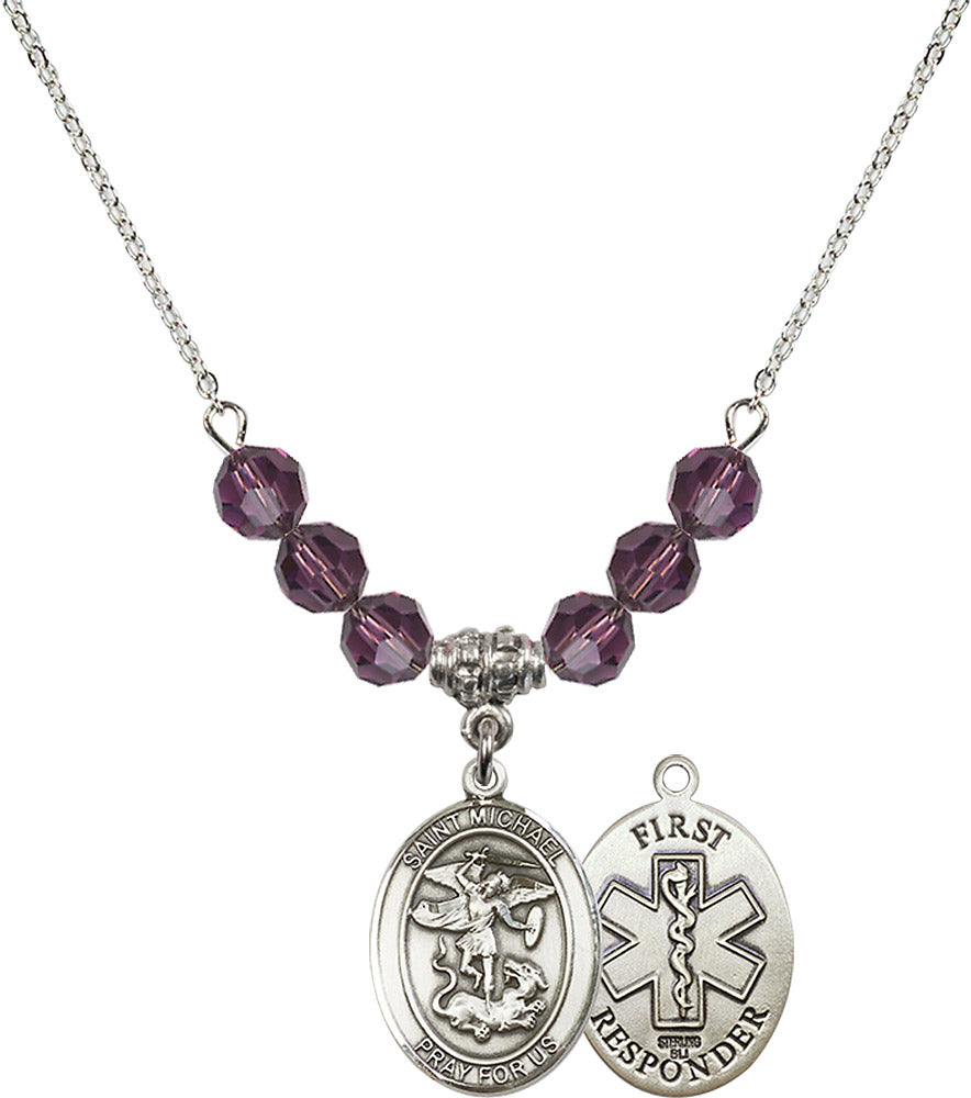 Sterling Silver Saint Michael/1St Responder Birthstone Necklace with Amethyst Beads - 8076
